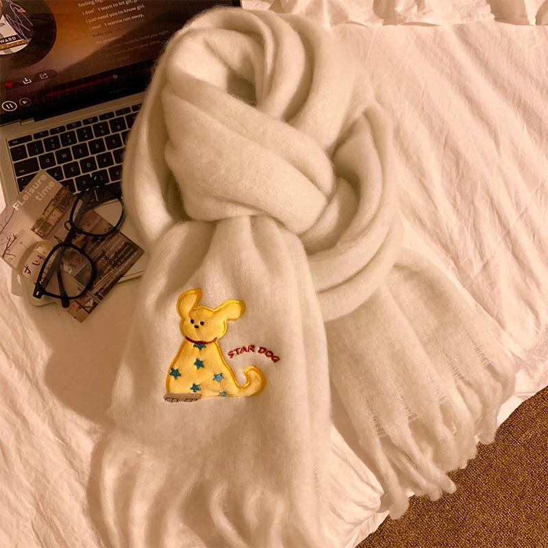 Милый вязаный шарф с вышивкой щенка, синий, для женщин, осенне-зимний, в корейском стиле, теплый шарф для шеи