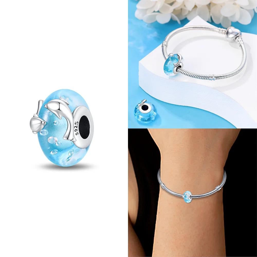 925 Silver Bracelet Women DIY Gift Murano Jewelry with Flower Blue Star Green Turtle Glass Beads