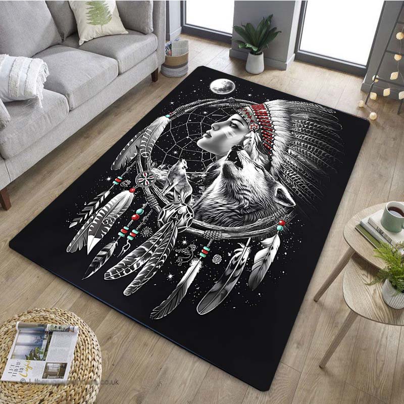 1PCStylish Wolf Dream Catcher Pattern Anti Slip Kitchen Rug for Kitchen Living Room Bedroom Washable Flannel Area Rug