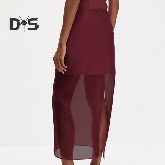 Женская макси-юбка с высокой талией, сетчатая пряжа, перспективная однотонная юбка с разрезом на бедрах, длинная юбка