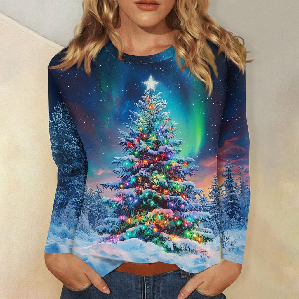 Рубашки с длинным рукавом для женщин Милые принты Футболки Блузки Повседневные Большие размеры Базовые топы Пуловеры Рождественские