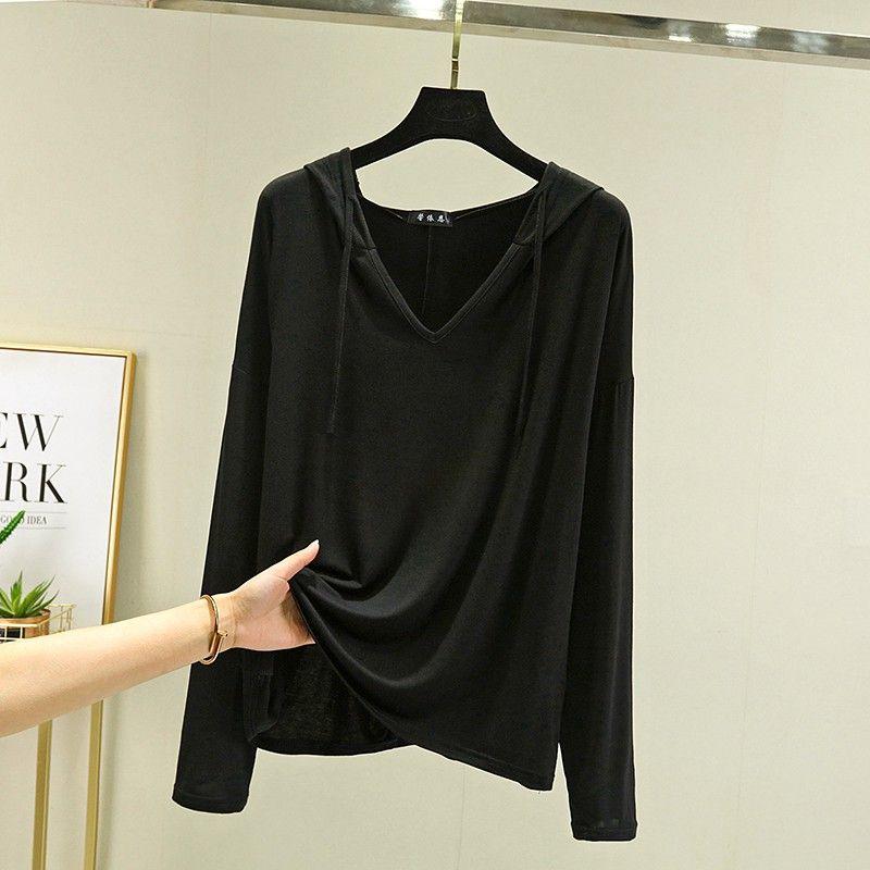 Снаружи модальная футболка с длинными рукавами в корейском стиле, весенне-летняя свободная рубашка большого размера с капюшоном