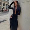 Women Bandage Lace Up Hot Sexy Slit Party Club Autumn Long Sleeve Maxi Dress