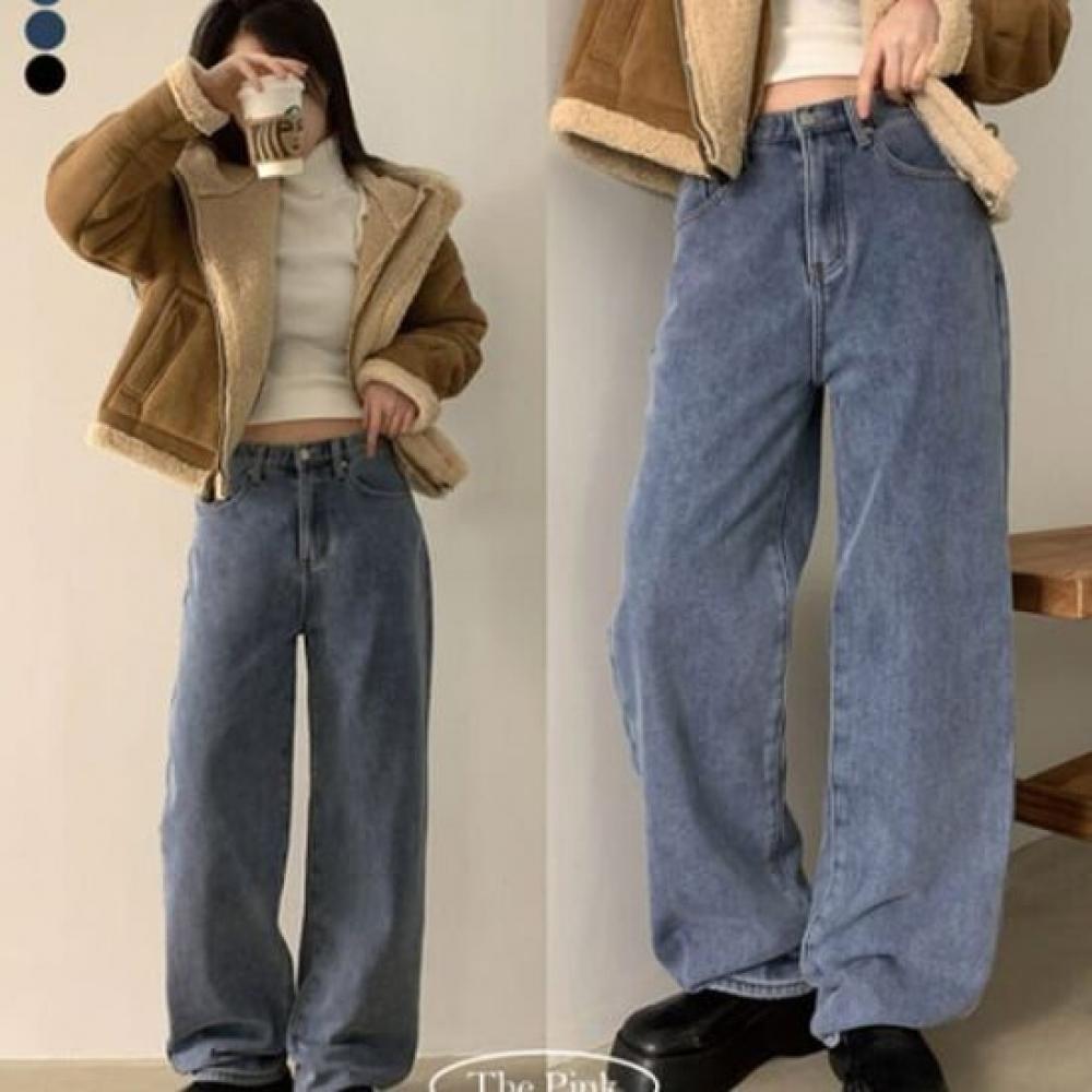 The Pink Women High Waist Semi Wide Fleece Lined Denim Pants