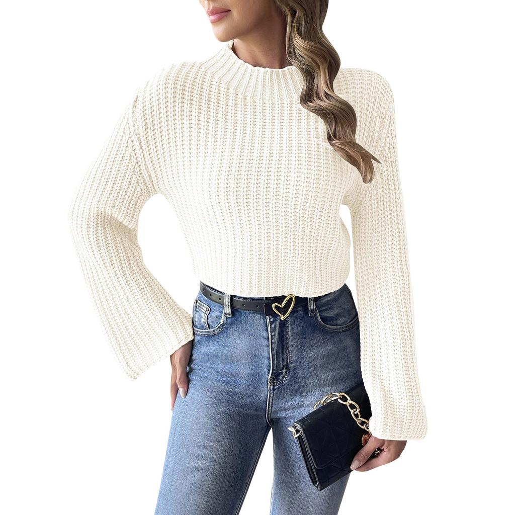 Women's Autumn And Winter Short Knitted Sweater With Flared Sleeves And A Half High Collar Pullover Sweater