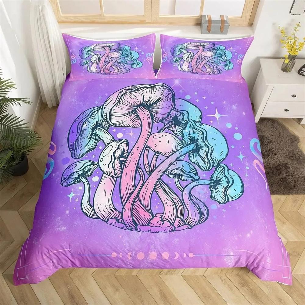 Комплект пододеяльника с лесными грибами, размер King Size, Милый комплект постельного белья с божьими коровками для детей и подростков, Загородный набор с одеялом-стеганым одеялом, нарисованный вручную