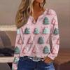 Women's Fashion Casual V-Neck Button-Up Long-Sleeve T-Shirt With Christmas Print Top