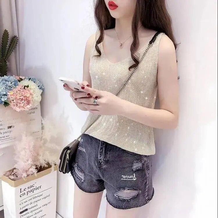Summer Women's Ice Silk Diamond Camisole Loose Sleeveless V-neck Bottoming Shirt Tank Crop Tops