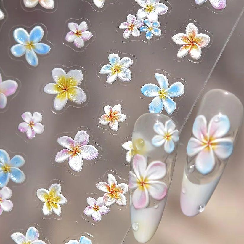 Colourful Frangipani Bright Lily Flowers Gradual Petal Vivid Dew Delicate Romantic Nail Art Stickers Manicure Decals Decorations