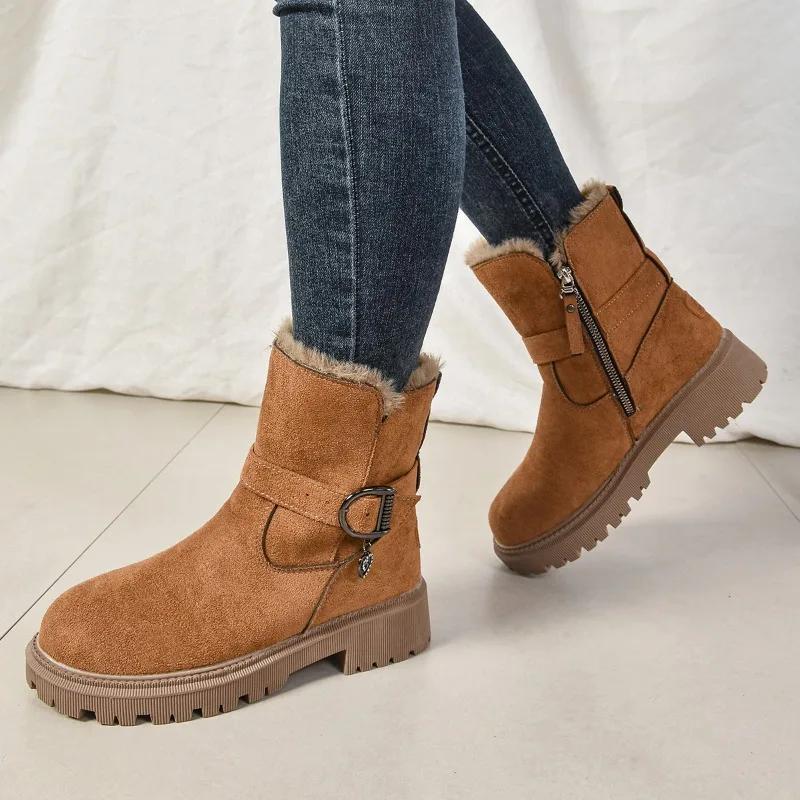 Fashion 2025 Brand Ladies Shoes Mid-Calf Women's Boots Fashion Belt Buckle Daily Winter Plus Velvet Keep Warm Comfortable Snow Boots