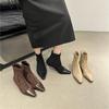 French Splicing Square Head Thick Heel Short Boots Women's 2025 Autumn and Winter New Suede Temperament Medium Heel Thin Boots Socks Boots Women's B