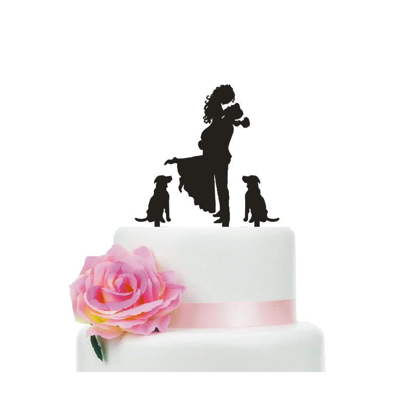 Black Wedding Cake Topper - Bride Hold Groom with Flowers Besides 2 Pet Dogs Silhouette Cake Decoration