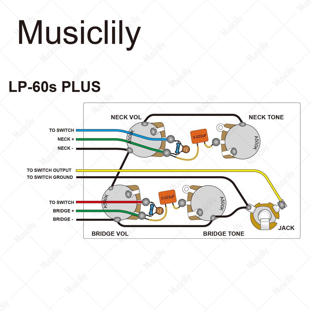 Musiclily Pro LP Standard Modern 60s PLUS Treble Bleed Prewired Kit for Les Paul Electric Guitars with Nickel Switches
