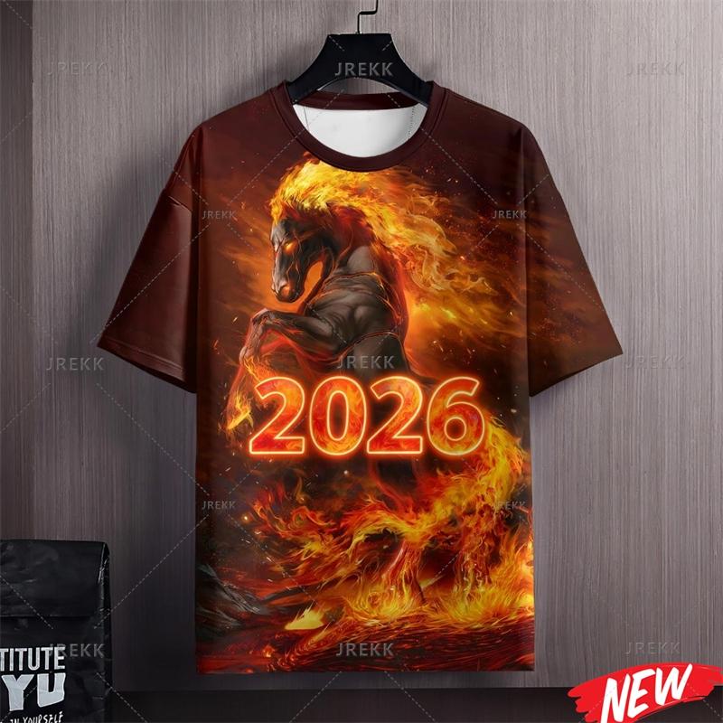 Красочная футболка с Новым годом женская 2026 Новый год с круглым вырезом и коротким рукавом женская семейная с 3D-принтом лошади для фестивальной вечеринки