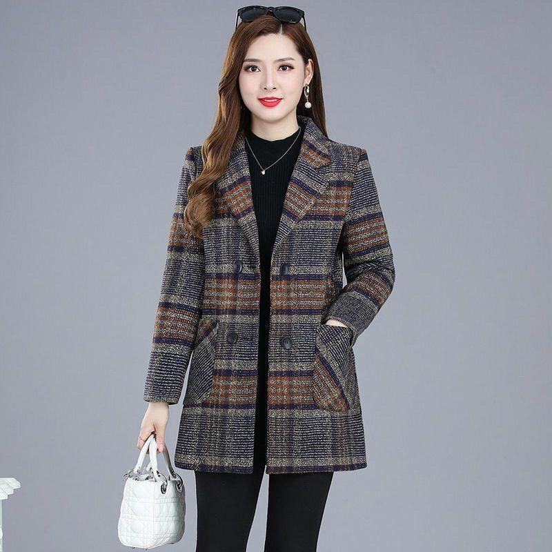 Autumn and Winter Coat Temperament Mid-length Blouse Women's Plaid Windbreaker