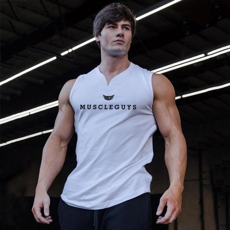 Gym T-shirt Men's Cotton V-neck Fitness Workout Tight Sleeveless T-shirt Men's Bodybuilding Sports T-shirt Top Summer Clothing