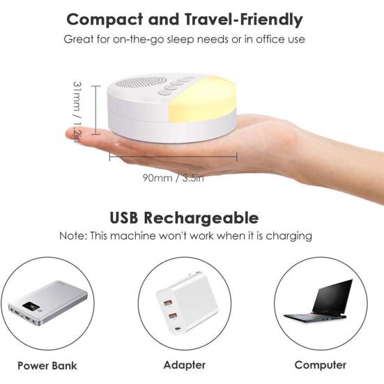 Машина белого шума для младенцев с таймером ночника, перезаряжаемая через USB, 20 успокаивающих звуков