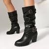 Большой размер, мягкая ПУ-обертка, три ряда пряжек для женских ботинок до середины голени, зауженный толстый каблук, флоковый материал для ботинок до икры