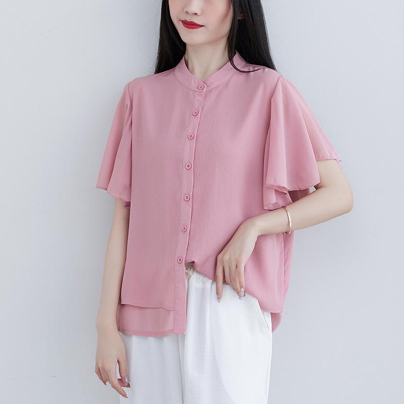 Literary Summer Loose Stand Collar Solid Color Short Sleeve Shirt Women's Fashion Flying Sleeve Blouse Top