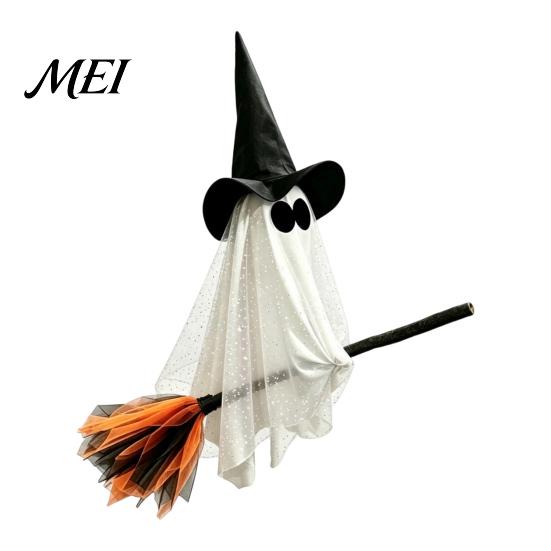 Festive Party Atmosphere Accessory Halloween Ghost Witch Broom Hanging Ornament, Spooky Hat Floating Prop Pendants for Indoor Outdoor Haunted
