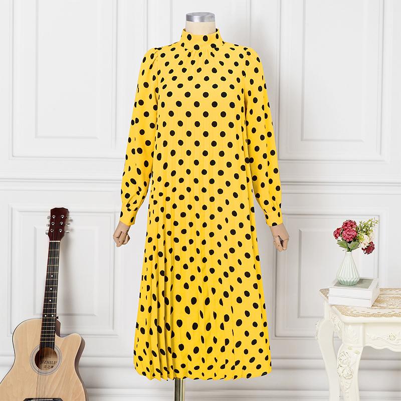 Женская мода воротник-стойка длинный рукав горошек принт талия завязывающиеся платья
