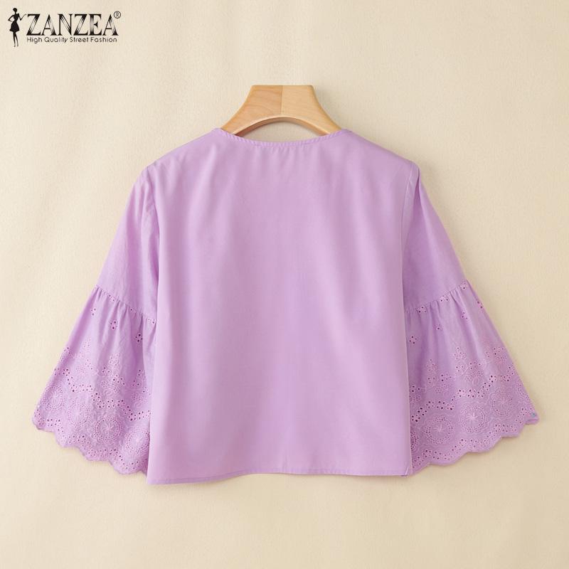 ZANZEA Женская повседневная блузка с круглым вырезом и рукавом 3/4 с вышивкой