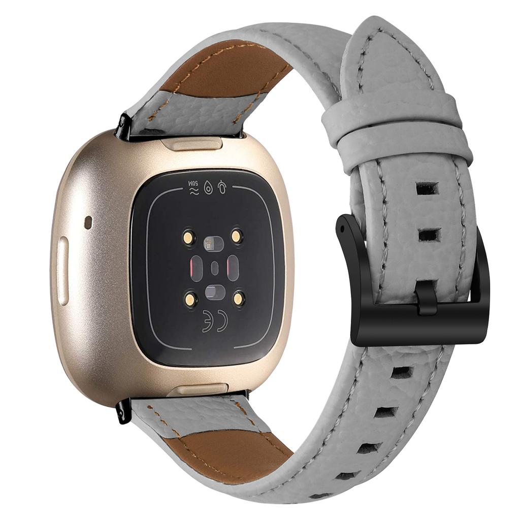Litchi Textured Genuine Cow Leather Strap with Electroplated Buckle for Fitbit Versa 3/Sense Pointed-End Watch Band
