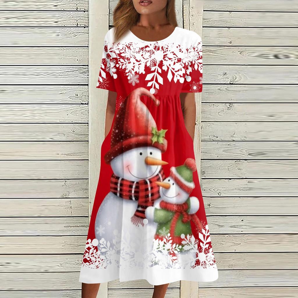 Women's Casual Fashion Christmas Print O-neck Dress