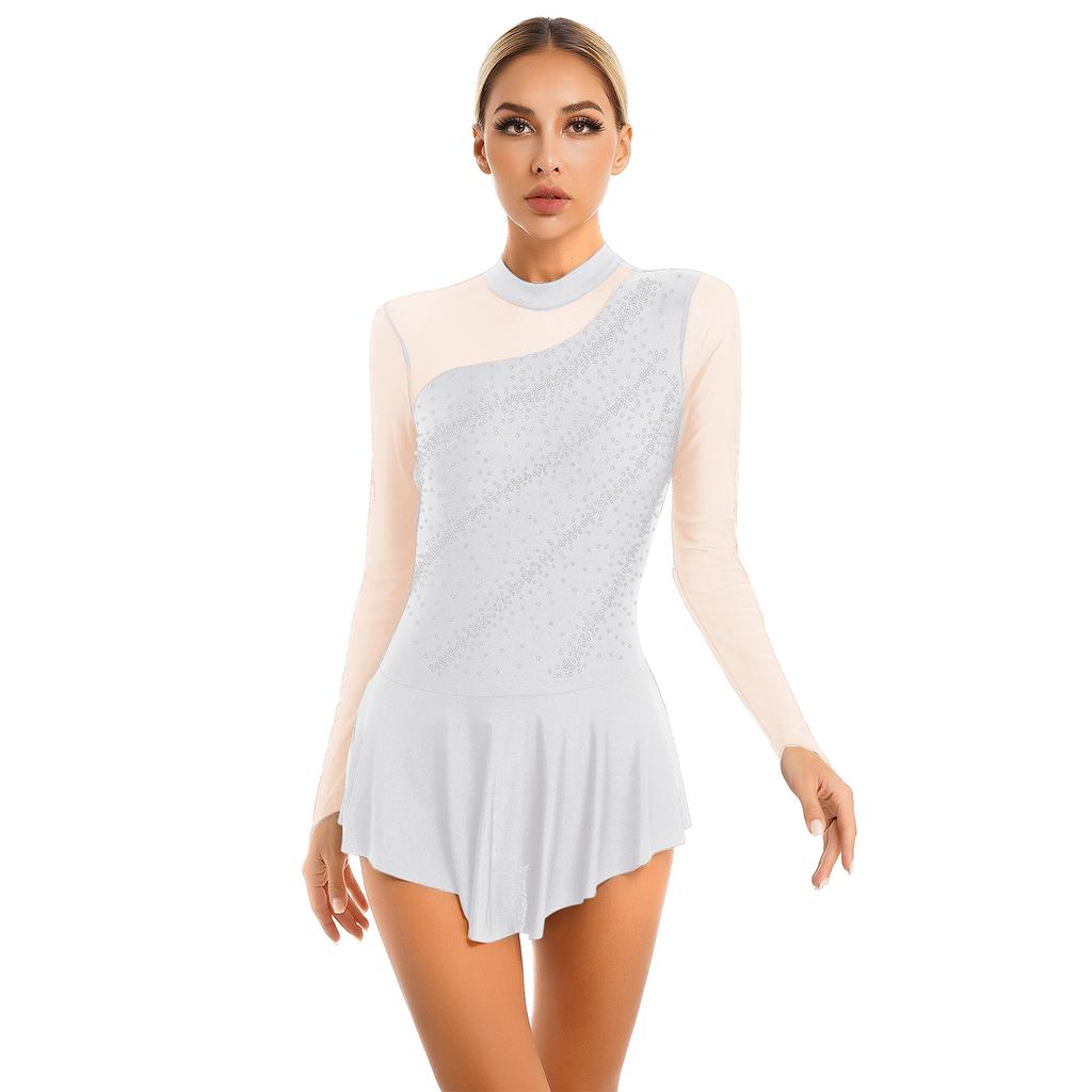 Womens Girls Figure Skating Dance Dresses Glitter Rhinestone Sheer Mesh Patchwork Long Sleeve Leotard Dress
