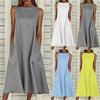 Women Summer Solid Beach Holiday Dress Round Neck Big Swing Pocket Maxi Dress