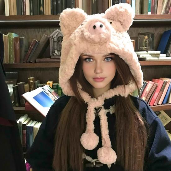 Зимняя шапка мультяшной формы свиньи, мягкая плюшевая, с теплоизоляцией, осенне-зимняя, утолщенная, теплая, с защитой ушей, головной убор