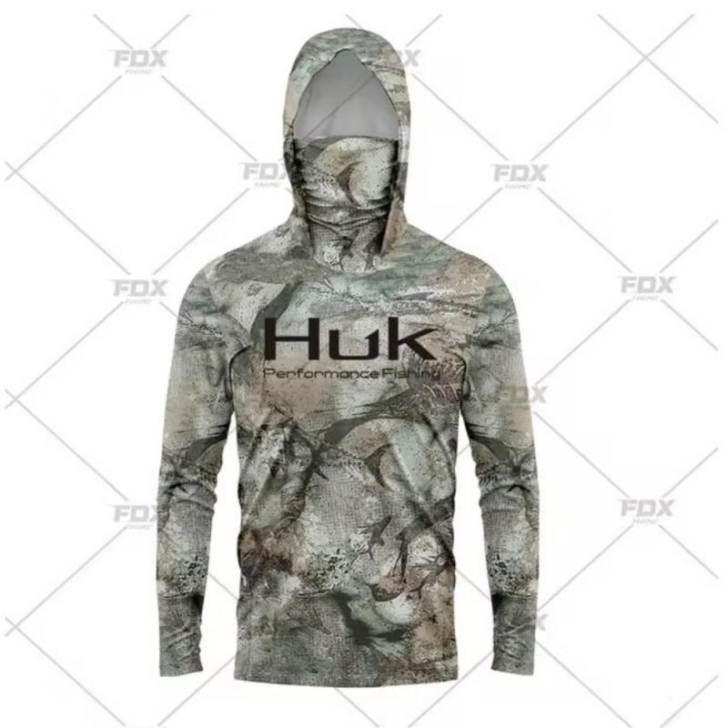 HUK Outdoor Fishing Hooded Mask Long Sleeve Shirt Lightweight UV Protection Anglers