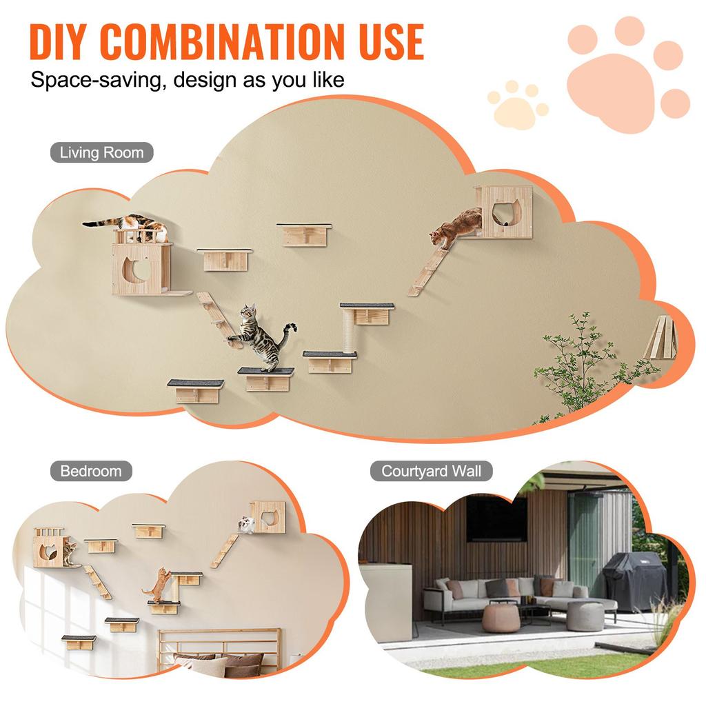 VEVOR Wall Mounted Cat Shelves, Cat Wall Shelves and Perches with Jumping Boards, Cat Beds, Hammocks & Cat Tree
