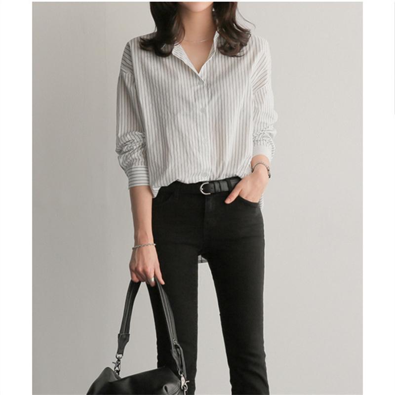 Женская синяя рубашка в стиле BF с отложным воротником, белый топ средней длины с длинными рукавами, однобортная осенняя свободная блузка в полоску в стиле ретро