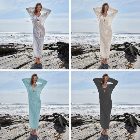 Женское пляжное платье с открытой спиной, трикотажным принтом, шнуровкой на бретелях, V-образным вырезом, свободным халатом, длинным рукавом, защитой от солнца, женским купальником-бикини, пляжной одеждой