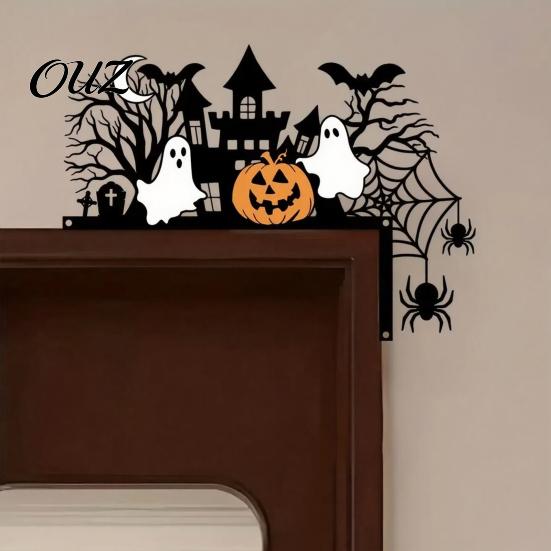 Hollow Silhouette Wall Accents Halloween Door Topper with Castle Ghost Pumpkin Spider and Bat Silhouette, 2D Flat Seasonal Home Furnishings