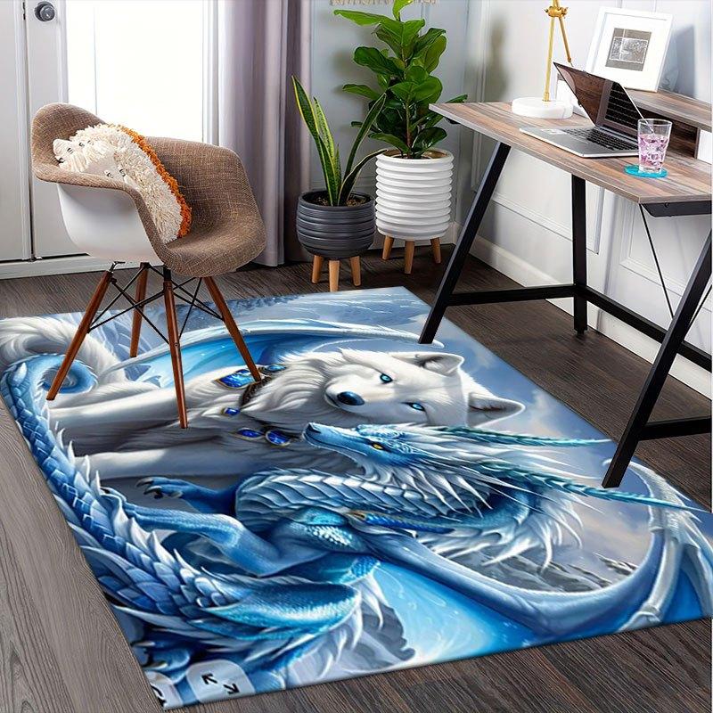 "Snow Wolf and Ice Dragon Fantasy Art Print"Office Mat Perfect for Home Decor Office Desk Chair Rugs Chair Carpet for office Polyester Chair