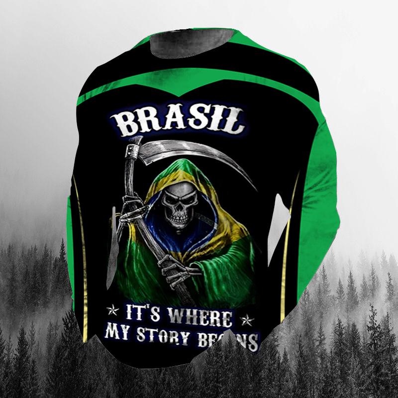 Винтажная осенняя мужская футболка с 3D принтом бразильского флага и круглым вырезом, повседневная футболка большого размера с длинными рукавами, модный пуловер, мужская одежда