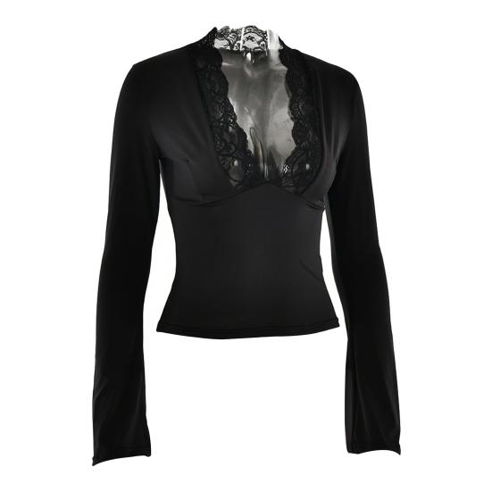 Женский укороченный топ с длинными рукавами, сексуальный, глубокий V-образный вырез, кружевная облегающая блузка, повседневная базовая рубашка для выхода на весну и осень