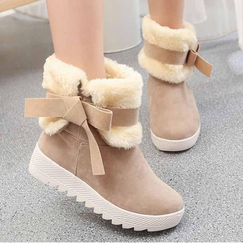 Women's Winter Boots Warm Fur Lined Casual Ankle Shoes With Sweet Bow Flats
