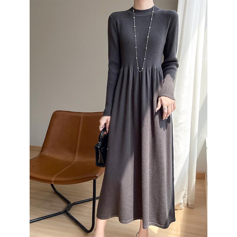 Women's Solid Color Velvet Knit Pullover Mid-Length Dress - Long Sleeve, Half High Neck, Over-the-Knee Style