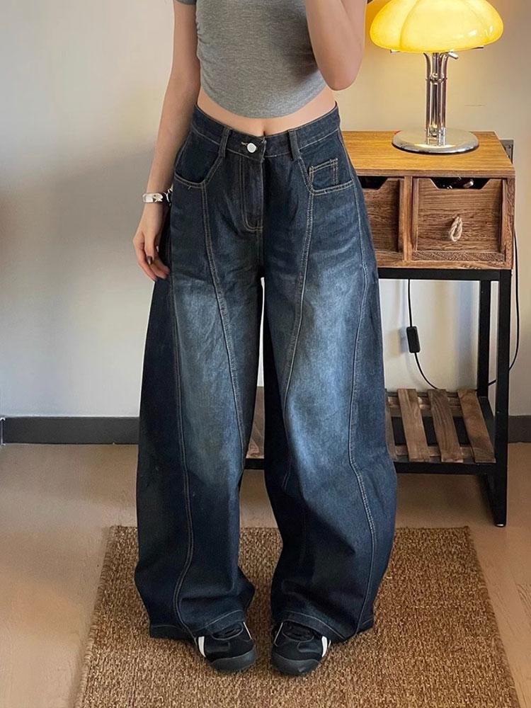 Ретро Джинсы Шаровары: Женские вареные брюки широкого кроя с потертостями