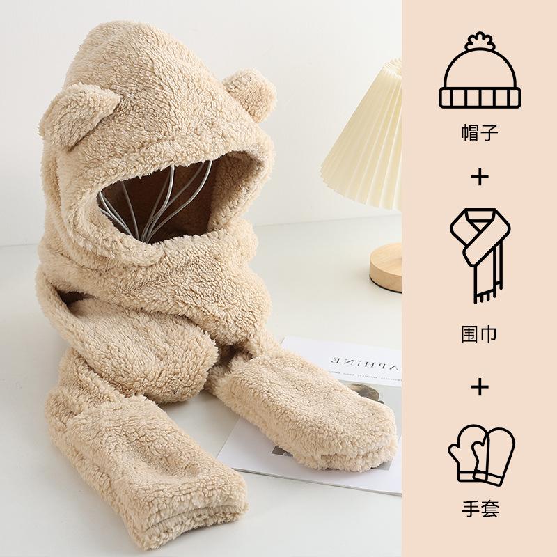 Плюшевая женская шапка на осень и зиму, теплая, милая, пушистая шапка с медведем, шарф, комплект из трех предметов