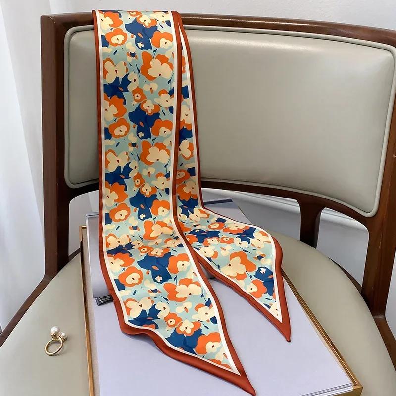 Fashion Silk Scarf for Women Narrow Long Wrist Small Ribbon Hair Band Scarves Foulard Female Floral Print Kerchief