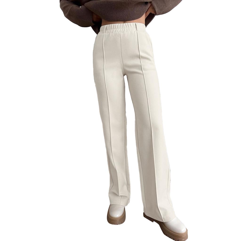 Women Wide Legs Pants Elastic High Waist Overlap Stitch Pure Color Casual Pants for Daily Wear