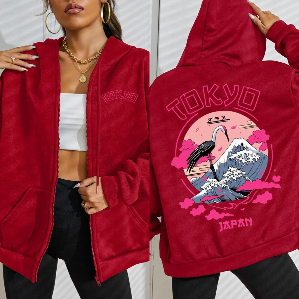 Tokyo Japan Crane Waves Design Zipper Hoody Women Harajuku Loose Streetwear Fleece Soft Hoodie Autumn Female Clothes