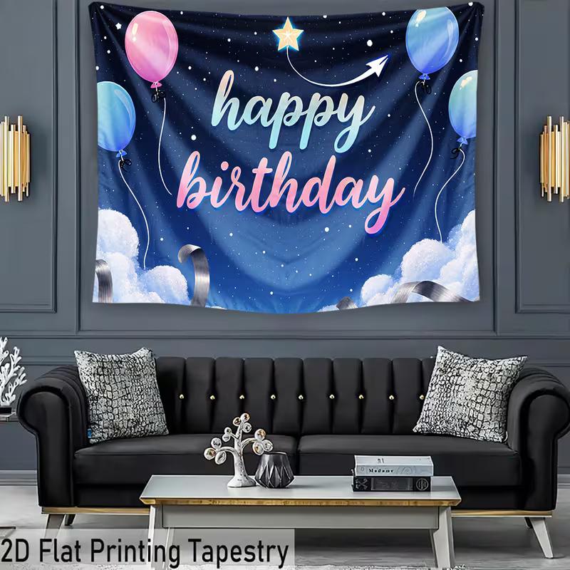 2D Starry Sky Birthday Backdrop Pastel Balloon & Cloud Party Photo Booth Background
