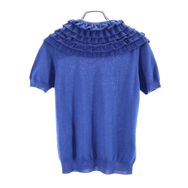 Prada Made In Italy Wool Blend Short Sleeve Design Knit 38 Blue Sweater Women Used