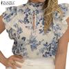 Women Casual Stand Collar Ruffles Splice Printing Summer Blouse