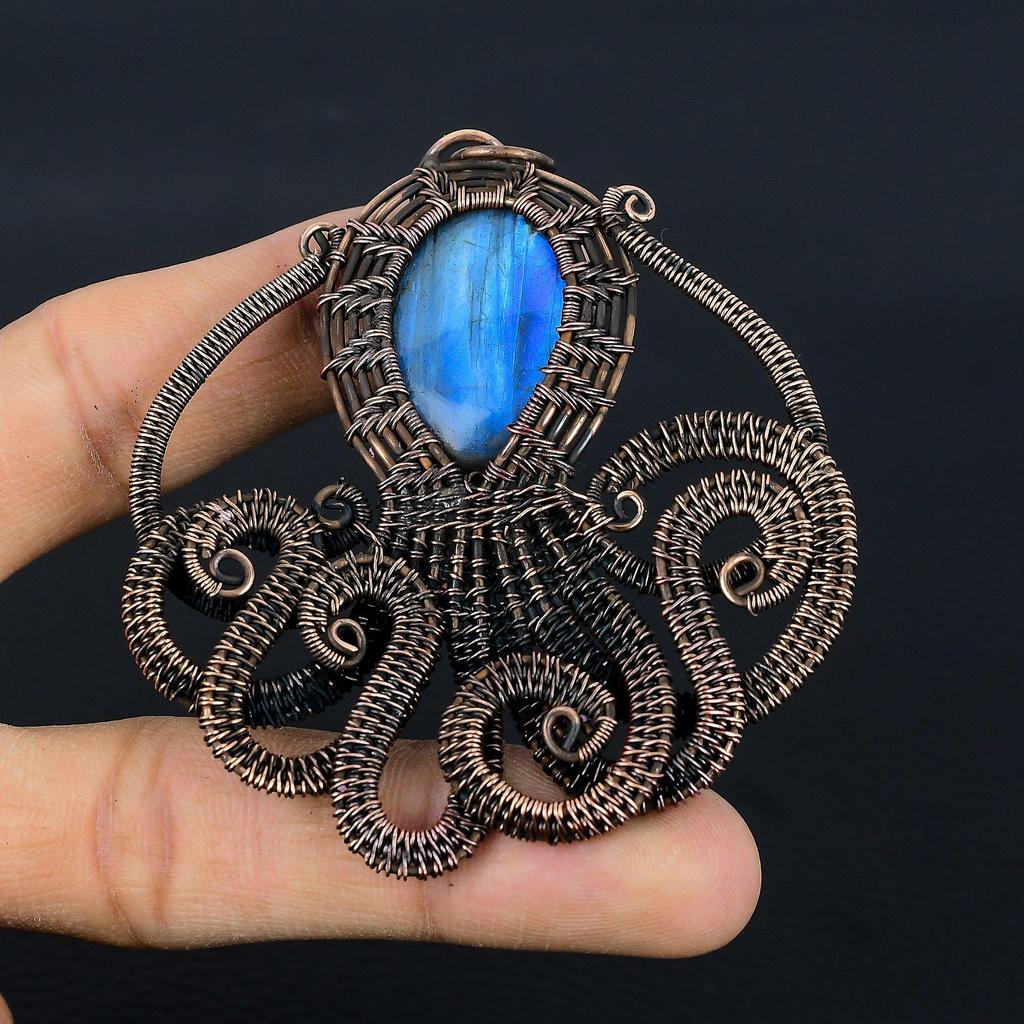 Labradorite Pendant, Handmade Gemstone 999 Copper Wire Wrapped Pendant Antique Jewelry, For Gift Silver Jewelry